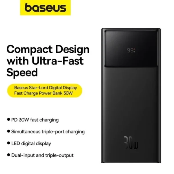 Baseus PPXJ30 Star-Lord Digital Display Fast Charge Power Bank 30000mAh with PD, QC, AFC, and SC fast charging support.